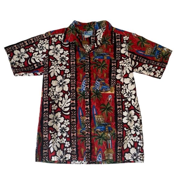 RJC Hawaiian Shirt Aloha Cotton Wood Buttons Made in USA Youth Sz 12 - Picture 1 of 11